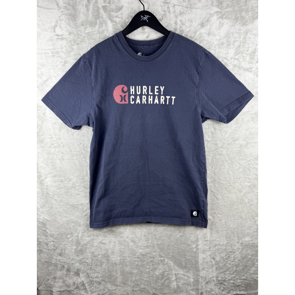 Hurley Carhartt Graphic Logo Spellout Blue T-Shirt Mens Large Utility Faded